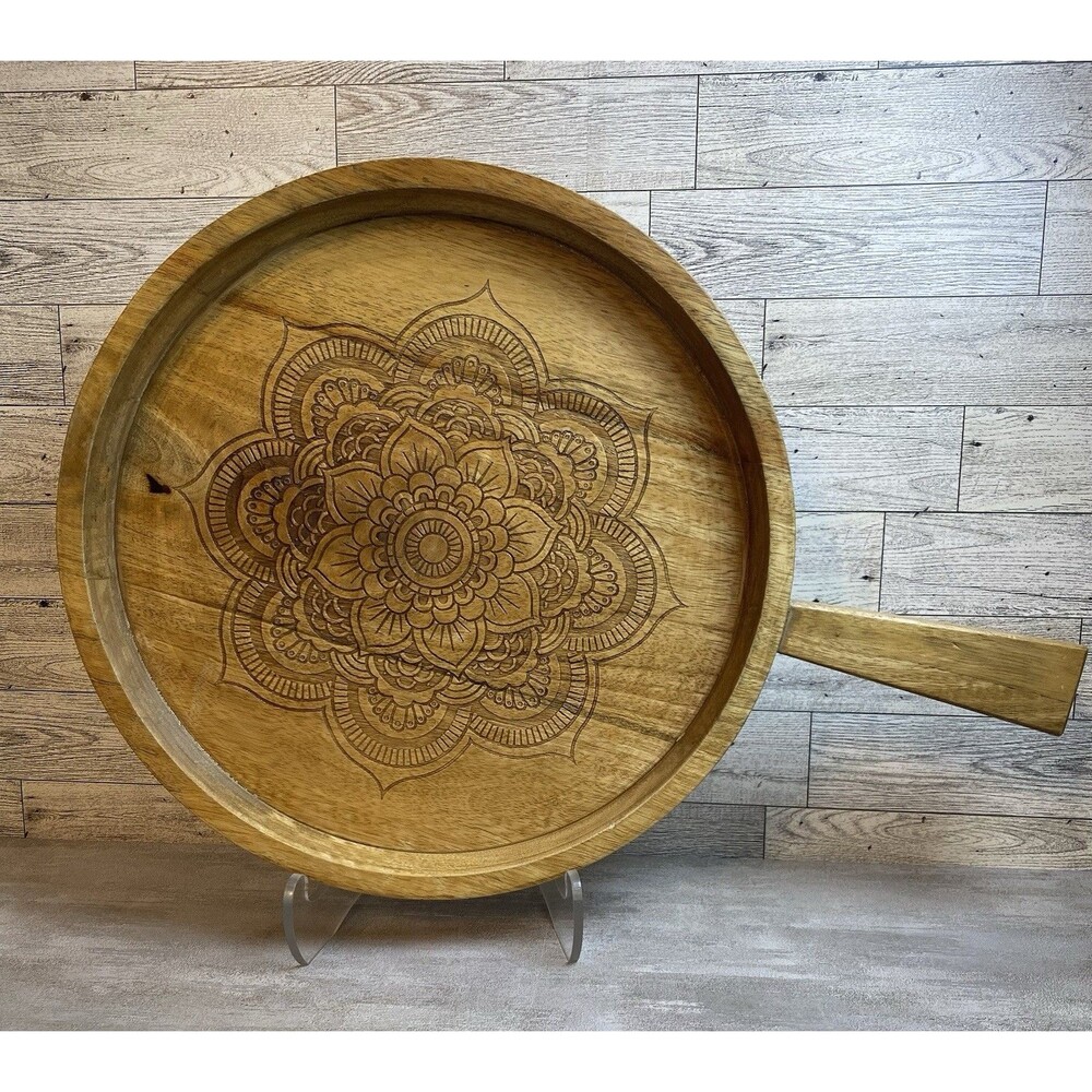 13" Wooden Serving Tray Carved Floral Mandala Style Handle Rustic India